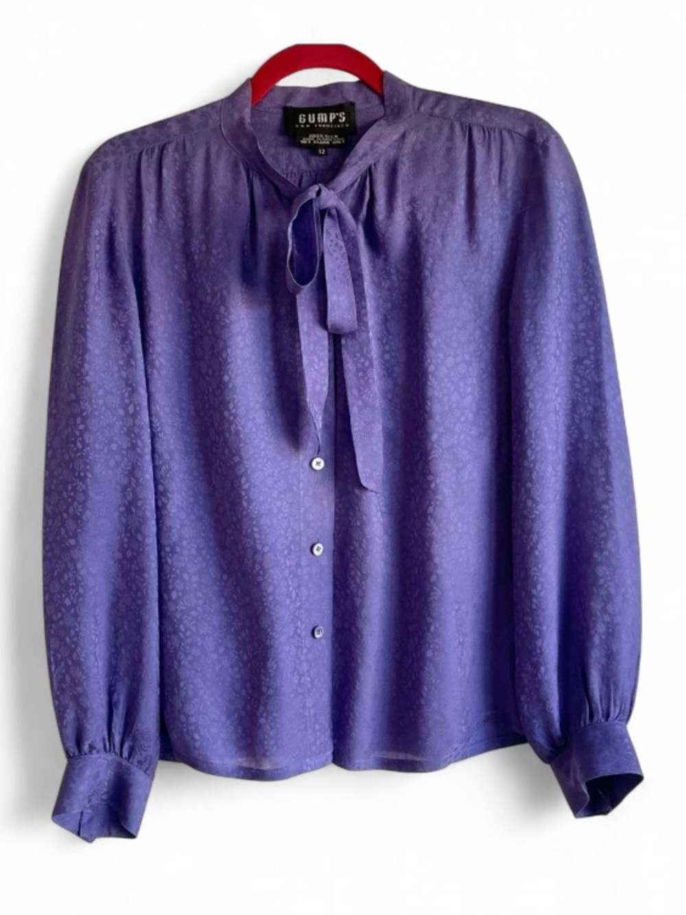 Gump's of San Francisco 100% Silk Purple Tie Neck Long Sleeve Blouse Size 12